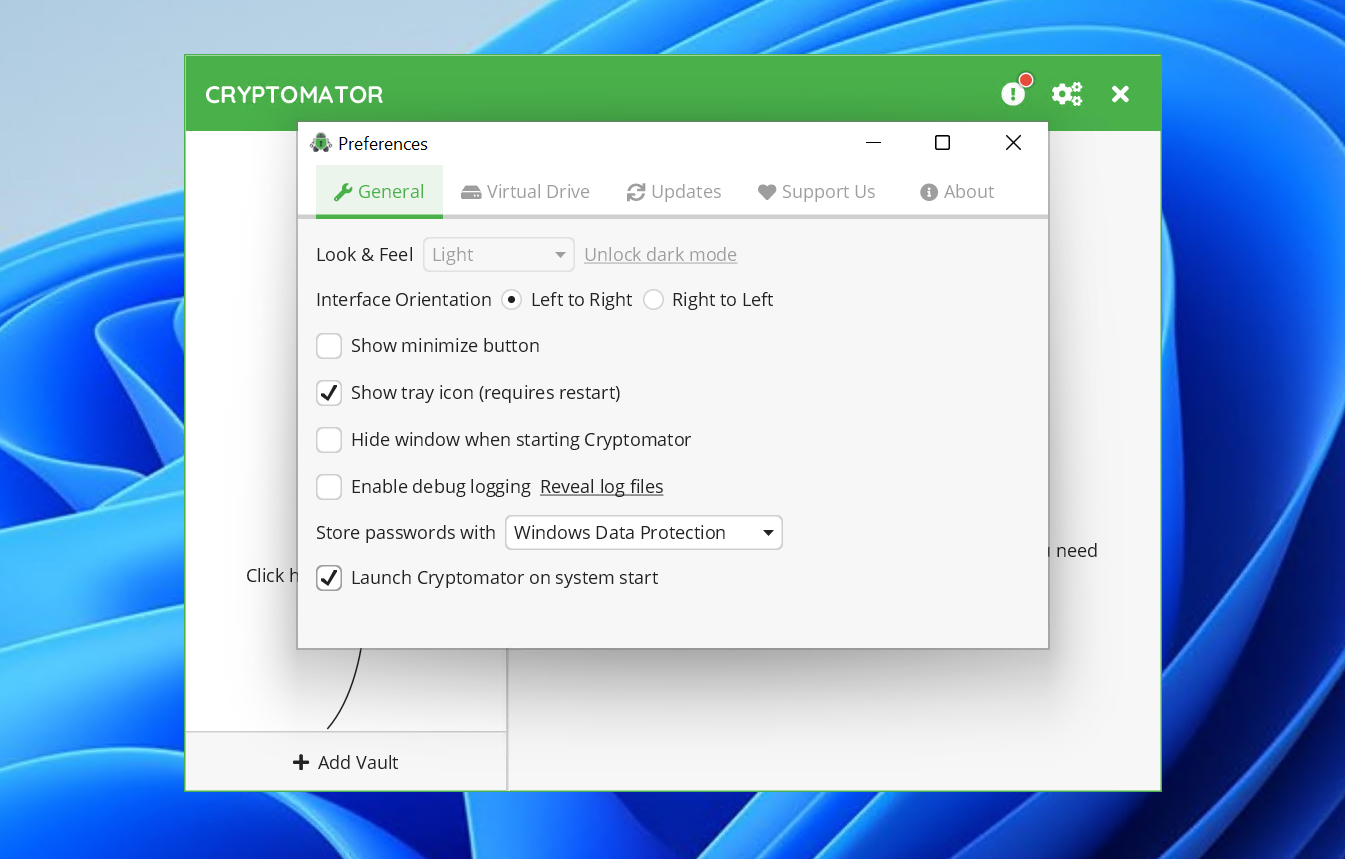 Cryptomator General Preferences
