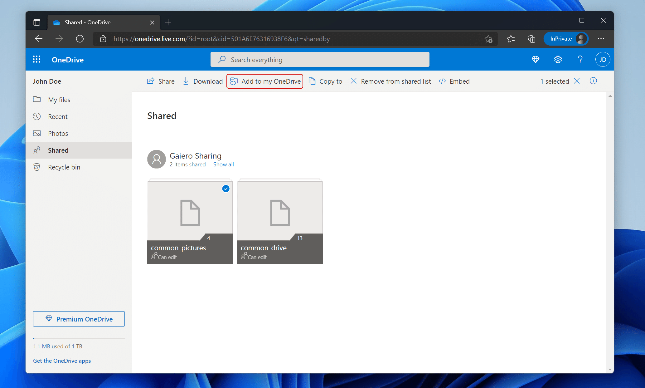 OneDrive Share Screen Select