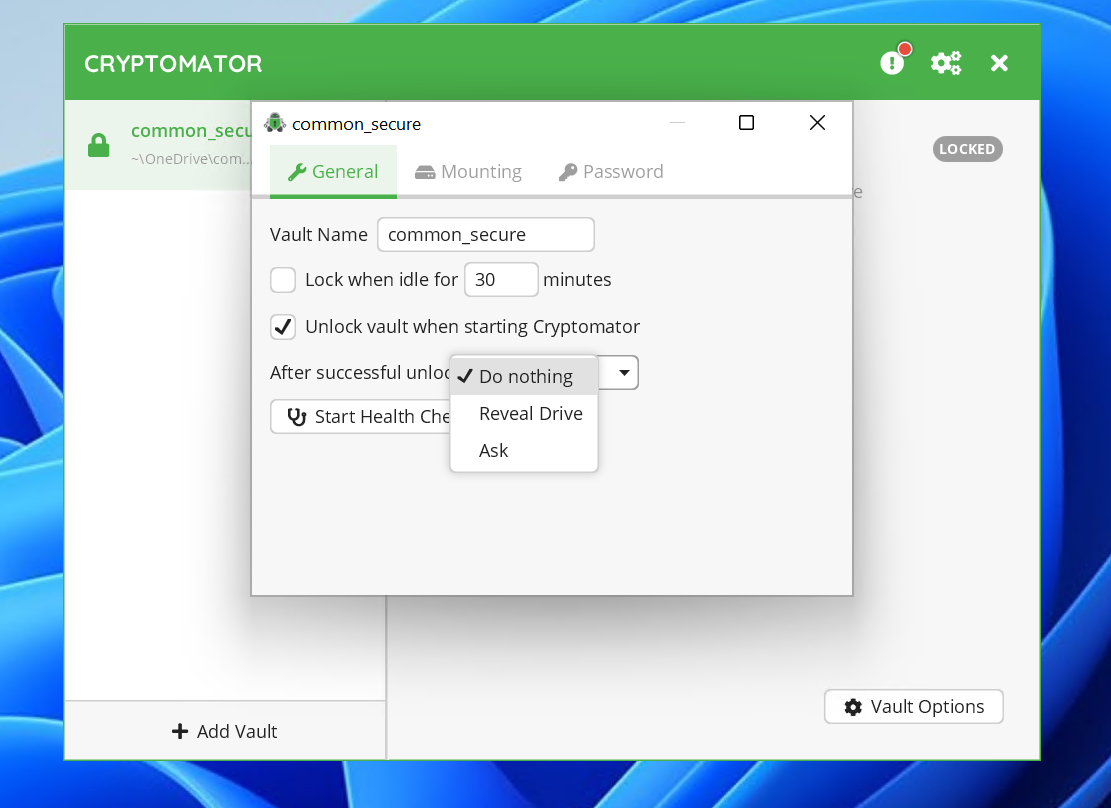 Cryptomator Show Vault Options General